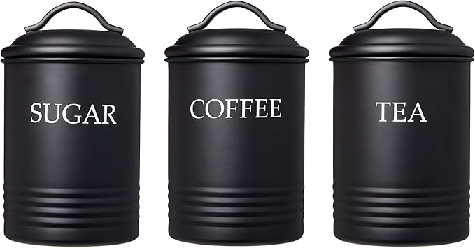 Kitchen Canister Set of 3 Sugar Coffee Tea with lids Food Storage, Black