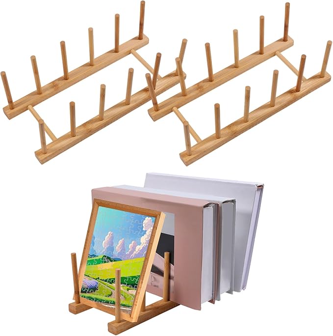 GLOBLELAND 3 Pack 5 Slot Wooden Plate Holders for Displaying Vertical Wooden Puzzle Display Stand Puzzle Storage Organizer Shelf Wood Display Stand for Adults Books Crafts