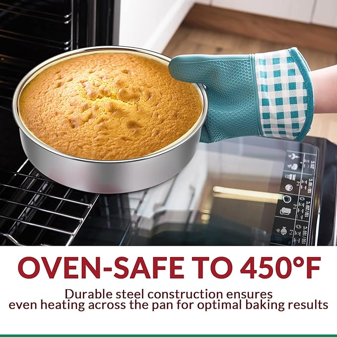 8 Inch Cake Pan Set of 2, E-Far Stainless Steel Round Layer Cake Baking Pans with Parchment Rounds & Side Liner Roll, Non-Toxic & Healthy Metal Cakes Tin, Straight Side & Dishwasher Safe