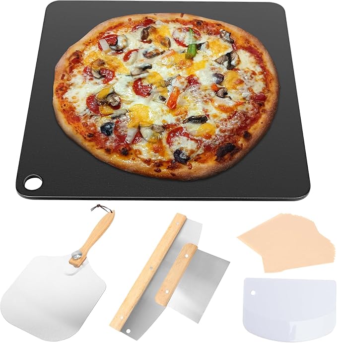 6Pcs Pizza Steel Set for Oven and Grill, 13" Square Pizza Steel for Oven, with Pizza Peel & Dough Pizza Cutter & 20pcs Cooking Paper, Cast Iron Pizza Stone/Baking Bread, Grill heat plates
