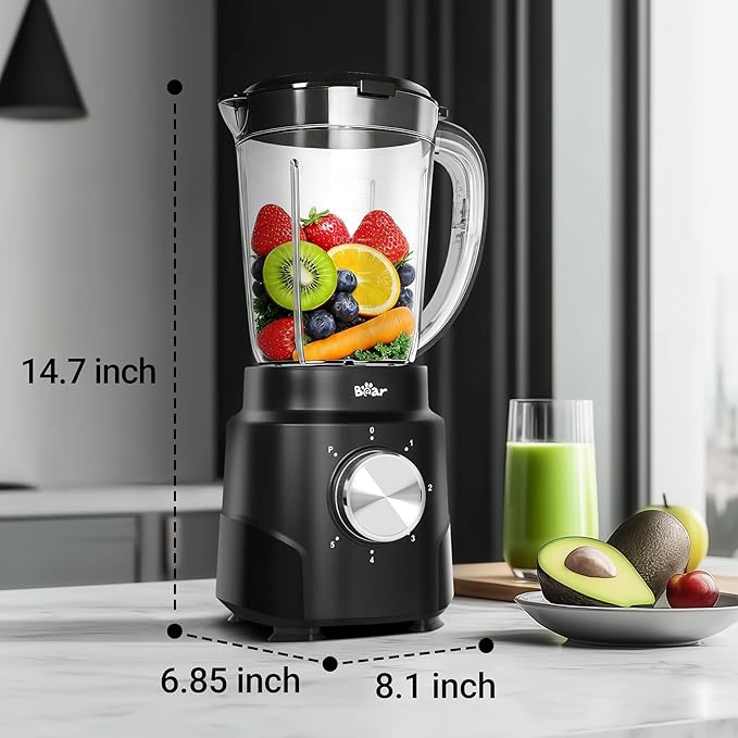 Bear 800W 6-Speed Blender, Smoothie Blender for Kitchen with 50oz(1.5L) BPA-Free Cup/Suction Feet/Feeding Hole/10 blades, Countertop Blender for Smoothies, Crush Ice, Frozen Fruit, Juice and Puree