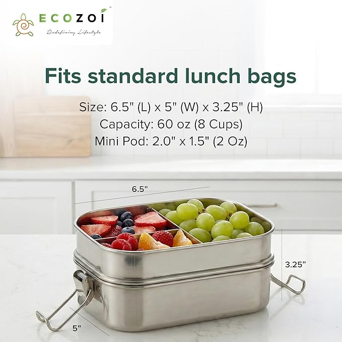 ecozoi Stainless Steel Lunch Box – 2 Tier Bento Box with Bonus Pod & 3 Compartments – Leak Proof Stainless Steel Lunch Box – Plastic Free, Eco Friendly, Dishwasher Safe, 60 oz