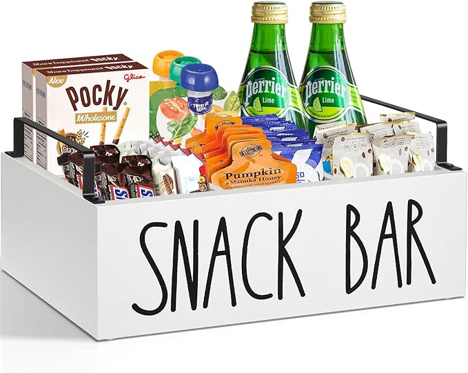 Snack Organizer for Countertop, Wood Pantry Storage Bins with Handles, Snack Bar Organizer for Pantry Shelf, Kitchen, 4 Compartment Food Container Snack Box, Pantry Organizer for Snacks, Chips
