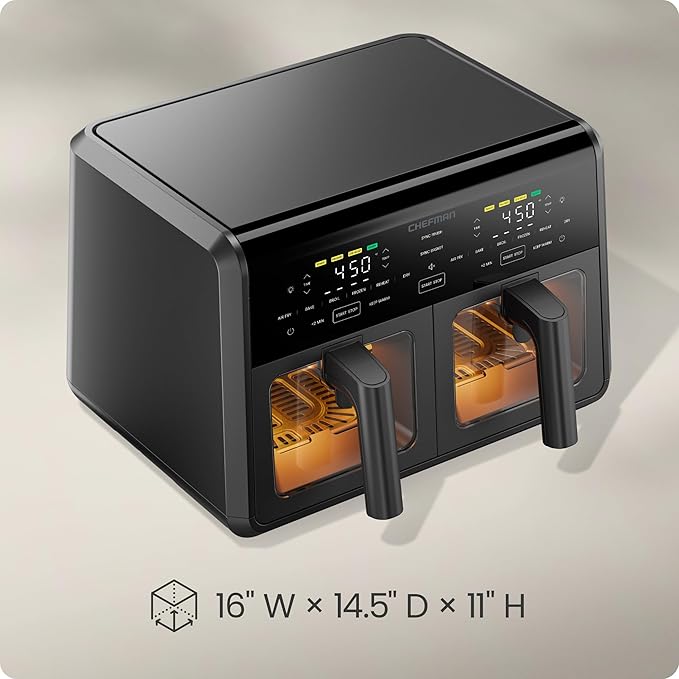 Chefman Dual Air Fryer Oven with DC Motor, 9 Qt. Double Basket Air Fryer with 450°F Max Temp for Meals in Minutes, Bake, Broil, Dehydrate, Reheat for Extra-Crispy Chicken, Fries, and More - Black