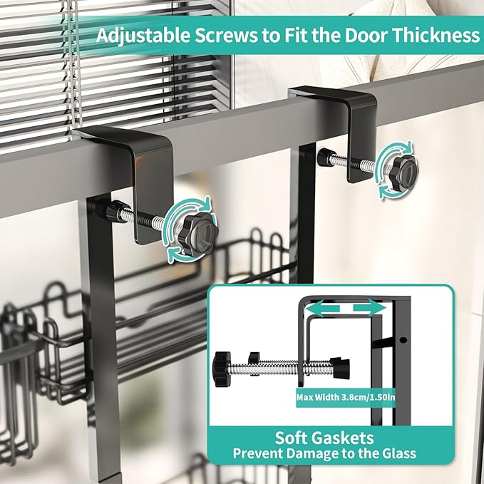 HapiRm 4 Tier Over the Door Shower Caddy + Multifunctional Kitchen Sink Caddy with Drain Tray - Black, Silver