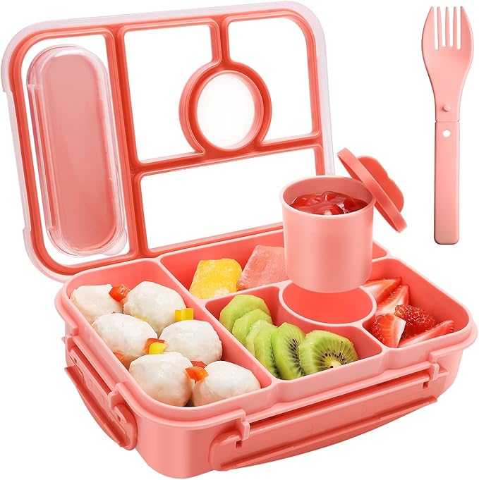 Amathley Bento Box Adult Lunch Box Kids,Lunch Containers for Adults/Kids/Toddler,5 Compartments Bento Lunch Box with Sauce Vontainers,Microwave & Dishwasher & Freezer Safe,BPA-Free (Pink)