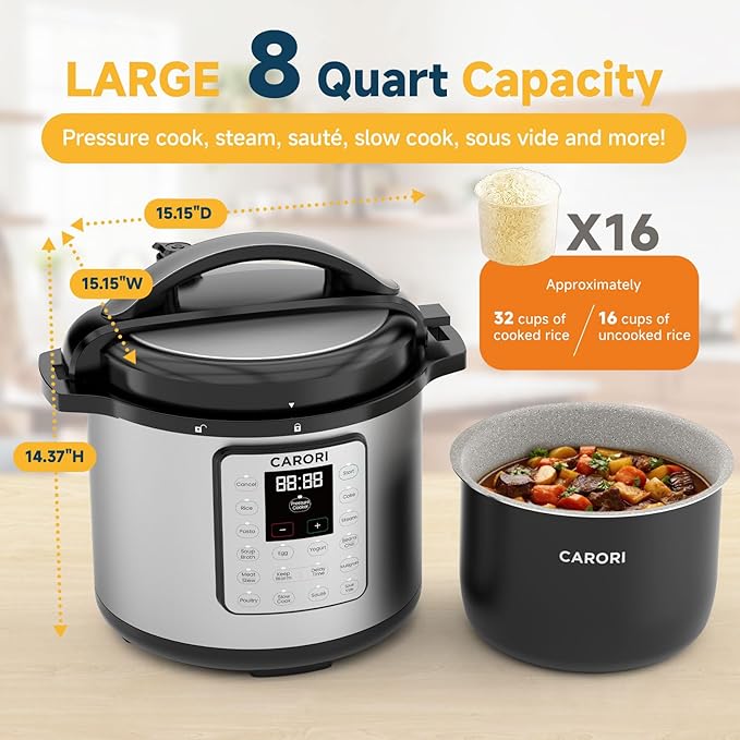 8Qt 12-in-1 Electric Pressure Cooker, 1200W Stainless Steel Multi-Cooker, Slow Cook, Rice Cook, Steamer, Sauté, Yogurt Maker, Warmer & Sterilizer, Safer Venting Design with Recipe Book, Silver