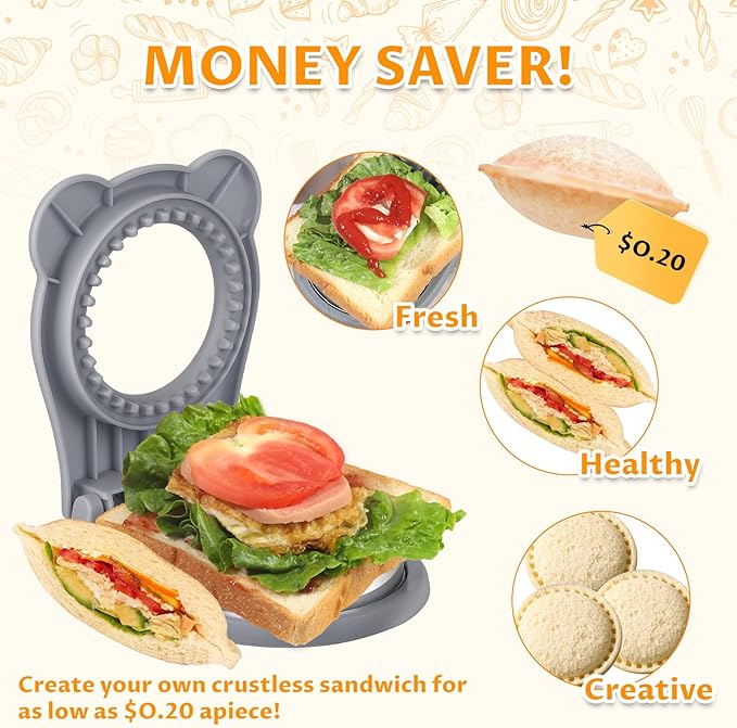 CHICHAUS Uncrustable Sandwich Maker,Sandwiches Pocket Circle Shape 3.7Inch Sandwich Cutter and Sealer,Sandwich Cutter for Kids Breakfast and lunchboxes (grey)