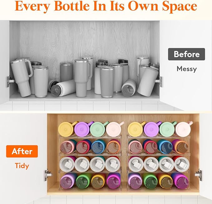 Lifewit Stackable Bottle Storage Organizer, Clear Freestanding Wine Holder for Cabinet, Large Slot Water Bottle Tumbler Organizer for Pantry, Plastic Wine Rack for Fridge Cellar, 4Tier Hold 16
