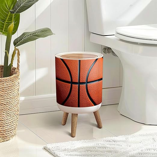 Trash Can with Lid Basketball Press Top Round Small Garbage Bin with Wooden Legs Waste Basket for Kitchen Bedroom Nursery 7L/1.8 Gallon