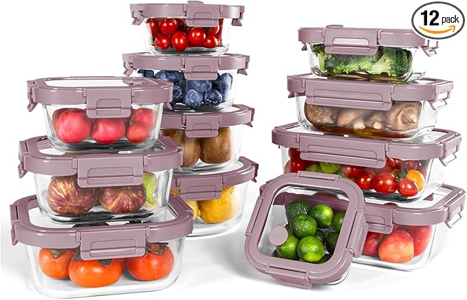 12-Pack Glass Containers with Tempered Lids – Borosilicate, Oven-Safe(-4°F~950°F), Airtight, BPA-Free, Multi-Size for Meal Prep, Dishwasher Safe (Pink)