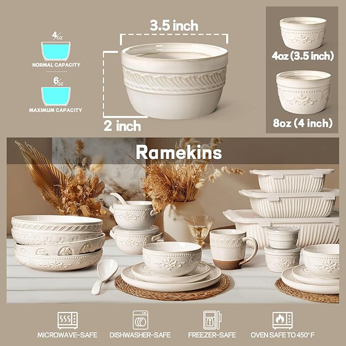 Artena Ramekins Oven Safe, Creme Brulee Ramekins, Embossed White Ceramic Ramiken, Souffle Pudding Custard Cups, Baking Dish, Dipping Bowls, Sauce Cups, Set Of 4 (Willow Leaf, 4 oz)