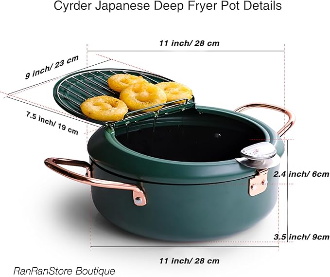 Deep Fryer Pot, 4.3L/11 Inch Japanese Tempura Frying Pot with Fahrenheit Thermometer, Nonstick Carbon Steel Oil Fryer, for Tempura/Frech/Fish/Chicken Fries, Easy Clean, Green