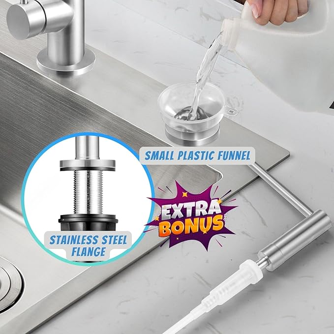 Long Spout Kitchen Sink Soap Dispenser for Granite & Quartz Countertop - Brushed Nickel Stainless Steel Finished - Wide Flange Provides Great Coverage on American Standard Sink Holes