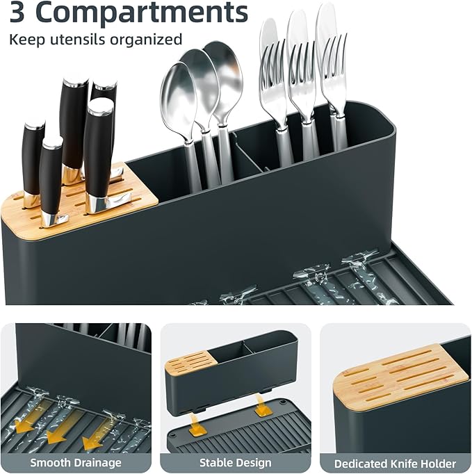 Urackify Large Dish Drying Rack, Expandable Dish Racks for Kitchen Counter, Multifunctional Dish Drainer with Utensil Holder & Cup Holder, 18.5"-26.7" L x 12.7" W, Dark Slate Gray