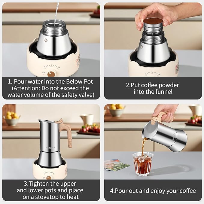 Mongdio Stainless Steel Moka Pot, Stovetop Espresso Coffee Maker, Percolator Coffee Pot, Italian Espresso Greca Coffee Maker for Camping Travel Home, 6 Espresso Cups, 10 oz