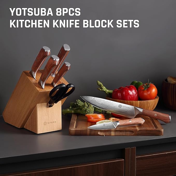 YOTSUBA 8 PCS Japanese Kitchen Knife Set with Block, Professional Ultra Sharp High Carbon Stainless Steel Chef Knives, Ergonomic Natural Rosewood Handle for Kitchen
