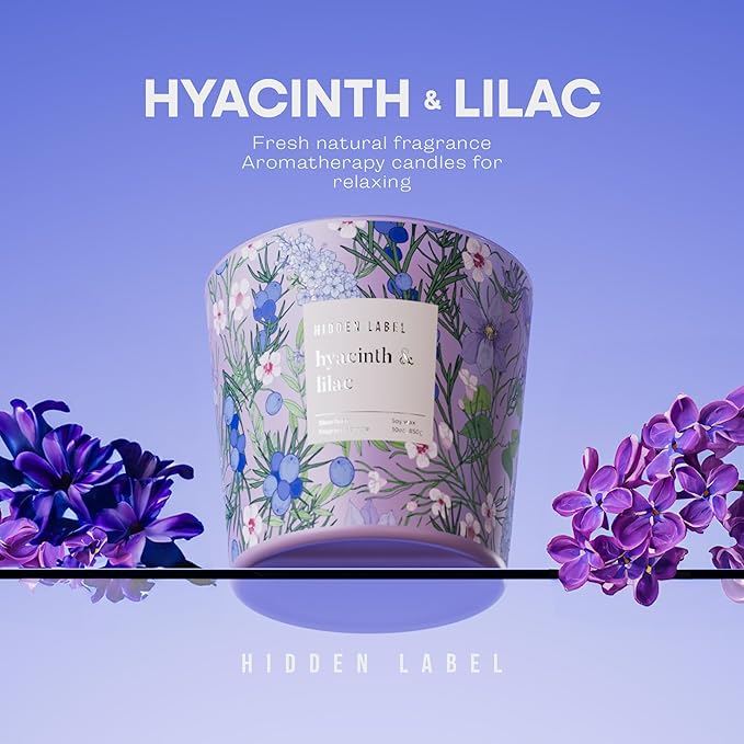 Hidden Label Large Soy Candle, Hyacinth Lilac Scented, 3 Wick 30oz, 100Hr Burn, Natural Non-Toxic Aromatherapy Stress Relief, Home Scent, Spa