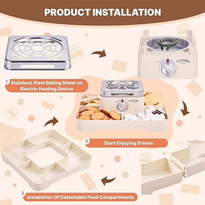 Electric Smores Maker - Indoor Smores Kit with 4 Detachable Trays, 4 Stainless Steel Forks - Flameless Smores Maker Tabletop Indoor Kit (White)