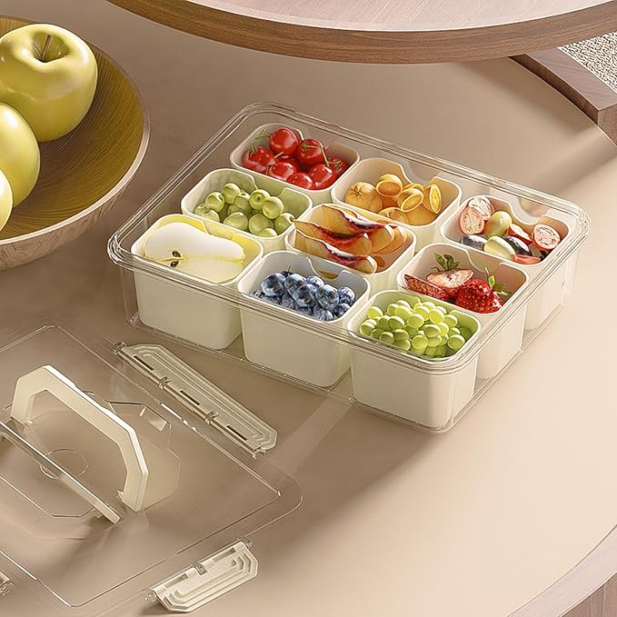 REBECAT Divided Serving Tray with Lid and Handles 9 Compartments Snack Box Container Charcuterie Organizer Snackle Box Container for Candy,Nuts，Fruits,Snacks,2 Pack,Beige