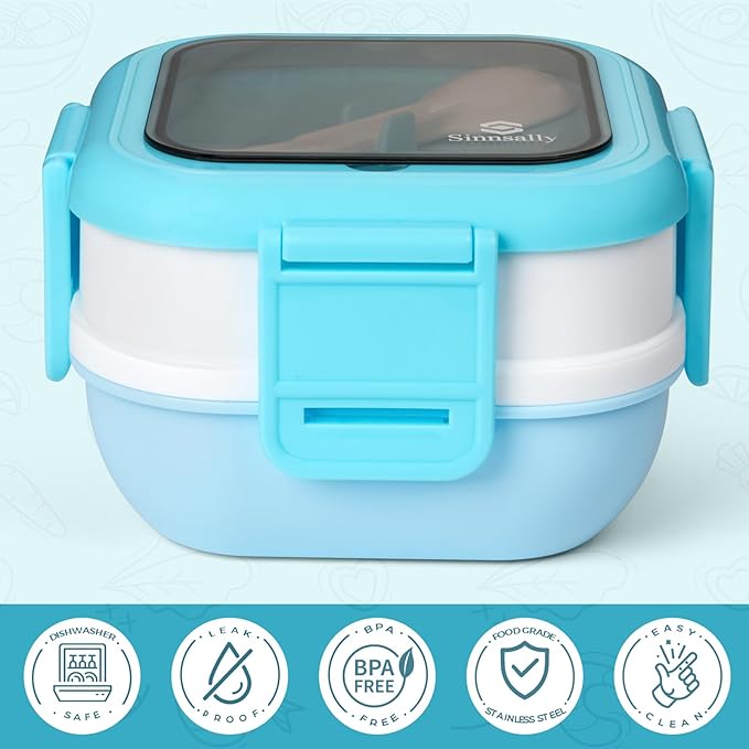 Sinnsally Bento Box Adult Lunch Box with Stainless Steel Container,Metal Lunchable Food Storage Container with Sauce Jar (Blue)