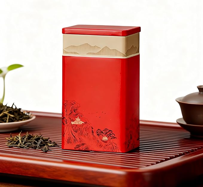 HAN SHENG Tea Canister, Airtight Storage Tin for Loose Leaf Tea & Bags, 8-Inch Decorative Metal Container with Oriental Mountain Design, Red