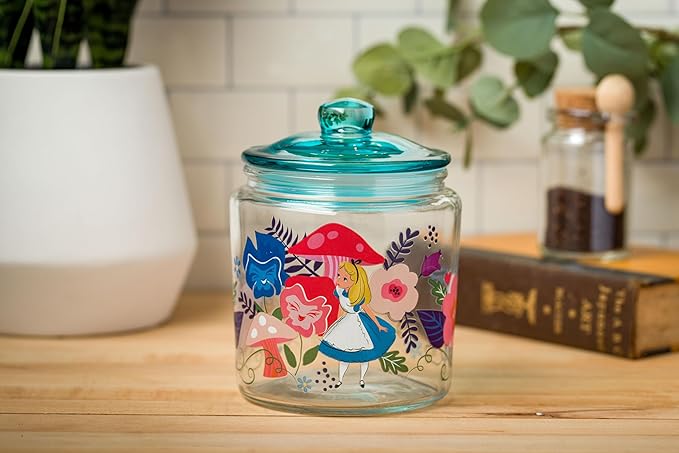 Silver Buffalo Disney Alice in Wonderland Flowers and Mushrooms Glass Cookie Snack Candy Jar with Lid (Small)