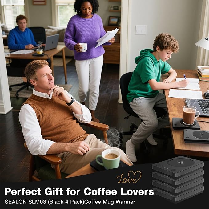 SEALON SLM03 Electric Coffee Mug Warmer (Black, 4 Pack) - 3-Temperature Desk Cup Warmer with Auto Shut-Off (4 Hours) for Heating Coffee, Tea, Milk & Beverages