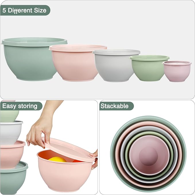 Greentainer Plastic Mixing Bowls with Lids Set for Kitchen, 5 Set Nesting Bowls for Mixing, Baking, Prepping, Cooking and Serving Food, Mixing Bowls Dishwasher, Microwave Safe