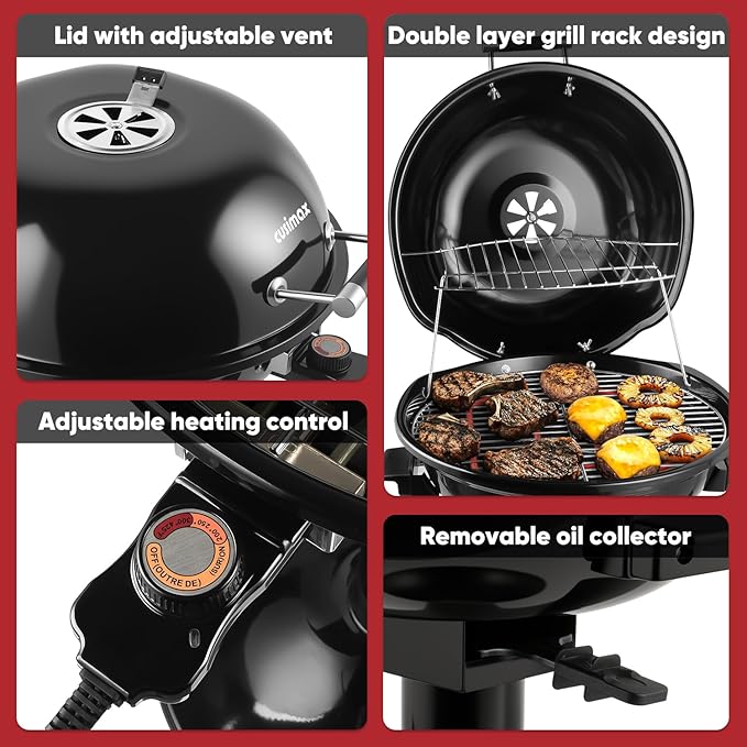 Electric Grill, CUSIMAX Electric Indoor/Outdoor Grill, 1600W Portable BBQ with Lid for Indoor & Outdoor Use, Adjustable Heat, Removable Stand Grill for Cookouts, BBQ Gatherings, Small Spaces