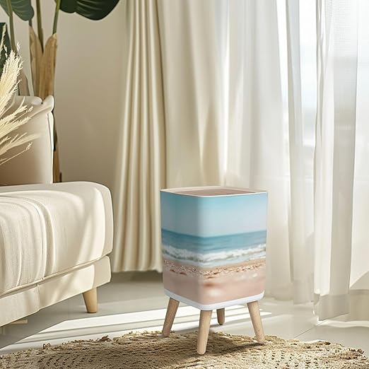 Small Trash Can with Lid Blurred sea Wastebasket with Press Cover Dog Proof Garbage Can Waste Bin for Kitchen Bathroom Nursery 2.6 Gallon