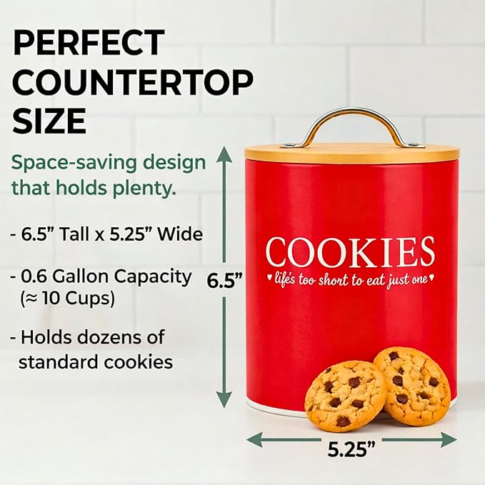 D'Lifeful Farmhouse Airtight Cookie Jar with Bamboo Lid - Kitchen Counter Storage Container for Cookies or even Candy (Red, Small Size (6.5" x 5.25"))