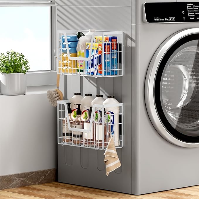 2 Set Magnetic Fridge Shelf, White Magnetic Fruit Basket for Refrigerator Organizer Storage, Potato and Onion Storage Bins, Wire Baskets Magnet Rack for Laundry Washing Machine Kitchen Shelves