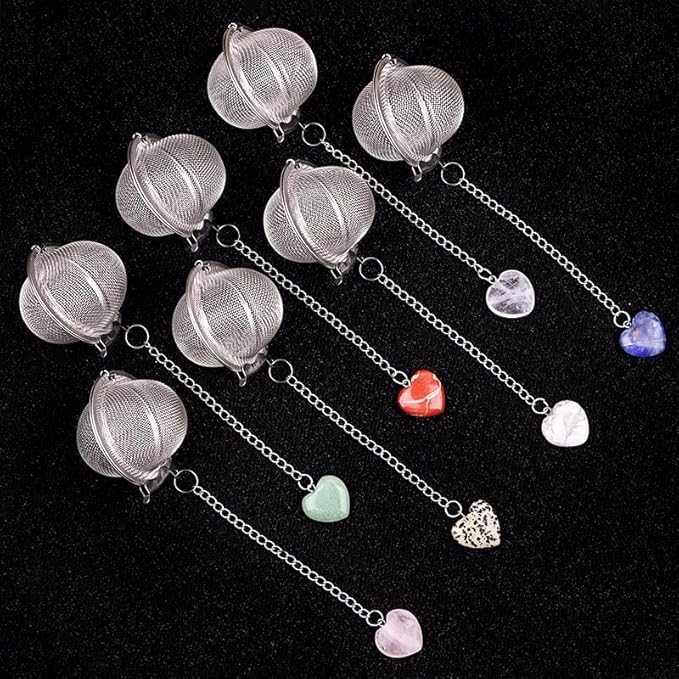 5 Pcs Tea Filter Stainless Steel with Heart Crystal Energy Stone Tea Strainers with Fine Mesh Extend Chain Hook Tea Ball Infuser for Loose Tea Leaves Spices Seasonings