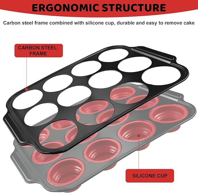 Silicone Muffin Pan Set, Reinforced Metal Frame Cupcake Baking Pan with Brush & Scraper 12-Cup Muffin Tin, Silicone Muffin Pan for baking for Toast Cupcakes Brownies Canele Mold Oven Dishwasher Safe