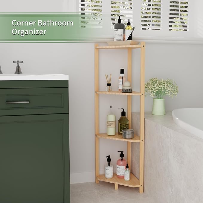 Wisuce Corner Shelf, 100% Real Bamboo Shower Corner Shelves Free Standing Shelf Storage Organizer for Bathroom Living Room Kitchen (Natural, 4 Tier)