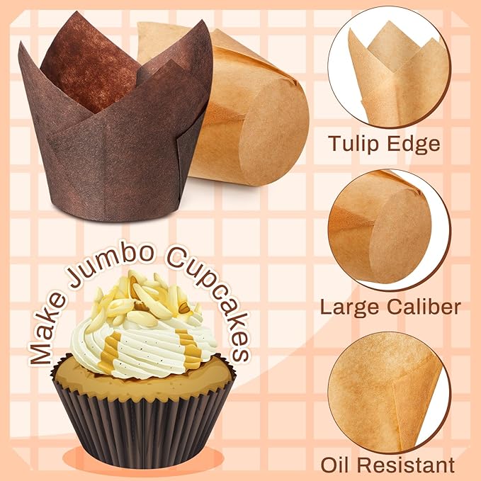 Motiskyy 600 Pcs Jumbo Muffin Liners for Baking 2-1/4" x 4" Large Tulip Cupcake Liners Greaseproof Cupcake Wrapper Paper for Weddings Birthday Christmas Anniversaries Party (Light Brown,White,Brown)