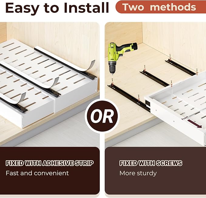 Pull Out Cabinet Organizer, 2 Pack Slide Out Drawer Expandable Width (10"-16") and Depth (17"-25") With 3 Slides, Fixed with Adhesive Film or Nail for Cabinets in Kitchen, Pantry or Bathroom