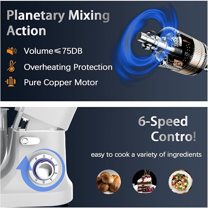 800W Stand Mixer 8 QT kitchen Dough Mixers 6+P Adjustable Speed Electric Household Mixers With Bowl,Dough Hook,Whisk And Beater For Baking,Pizza，Cake And Most Home Cooks