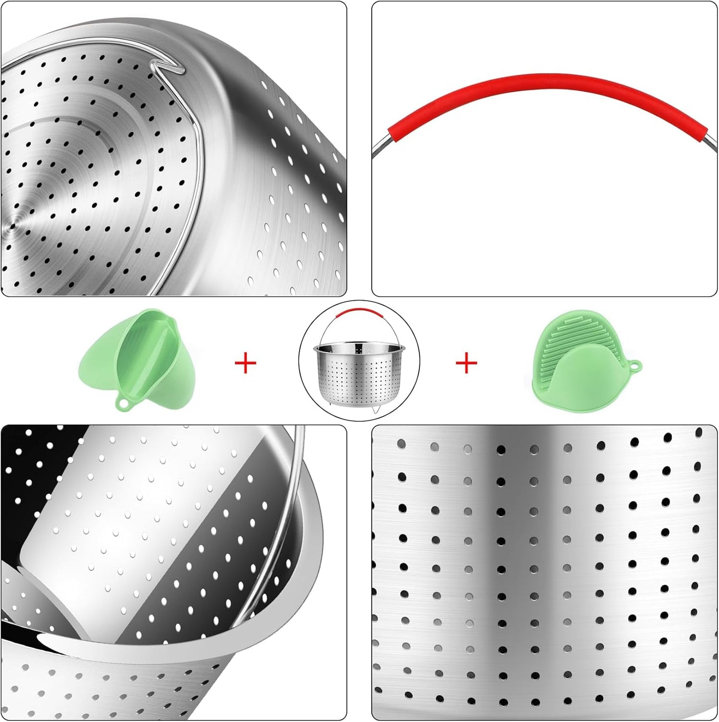 REDANT Steamer Basket for Instant Pot Accessories 3 qt - Strainer and Colander for Kitchen - Stainless Steel Vegetable Steamer for Cooking Broccoli, Pasta, Quinoa - with 2 Silicone Gloves, 3 Quart