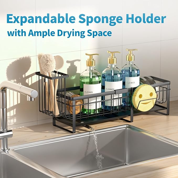 Extra Large Extendable Sponge Holder for Kitchen Sink, Rustproof Sink Caddy Organizer with High Brush Holder, Dish Soap Dispenser Organizers and Storage (Black)
