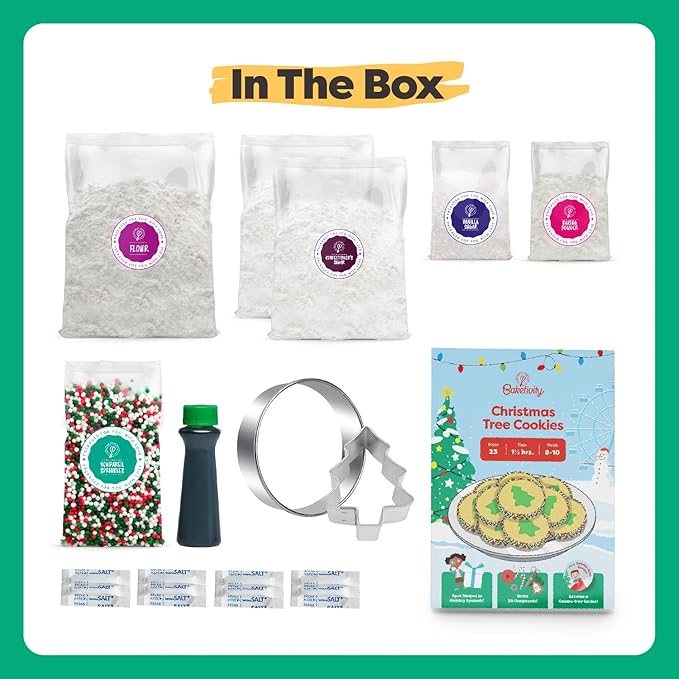 Baketivity Christmas Tree Cookies - DIY Baking Kit for Kids - Fun Little Junior Chef Essential Kitchen Lessons, Includes Pre-Measured Ingredients