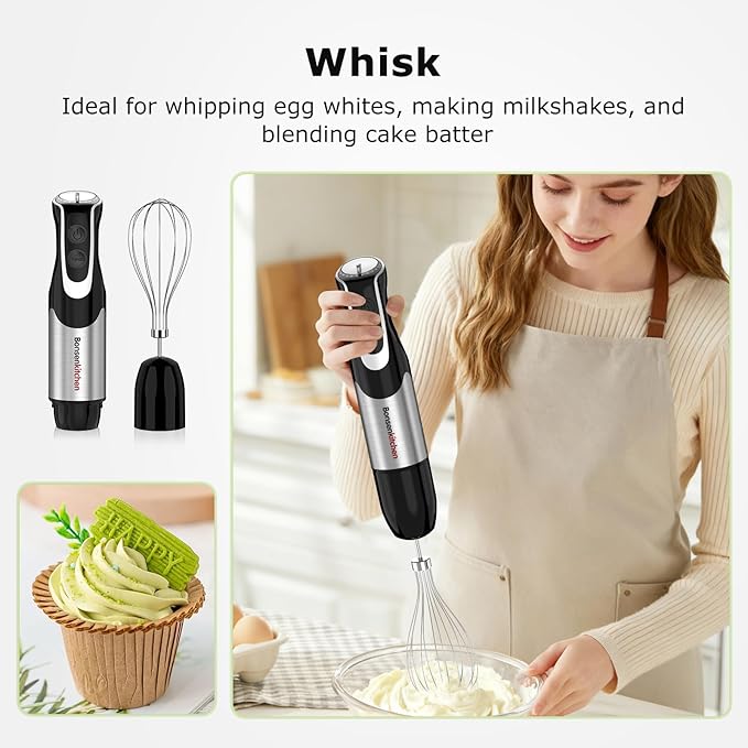 Bonsenkitchen 4-in-1 Immersion Blender Handheld with Food Processor, 12 Speeds Hand Blender with Turbo Mode, Stainless Steel Blade, Egg Whisk, Beaker & Chopper Bowl, Stick Mixer for Smoothie, Puree
