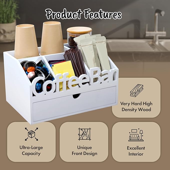 Coffee Bar Organizer for Countertop – Wooden Coffee Station with Drawer, Tea and K Cup Storage Condiment Rack, Coffee Pod Holder for Home and Office Organization (Drawer - White)