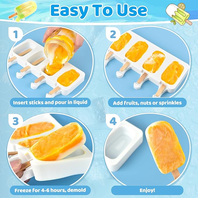 2 Set Silicone Popsicle Molds 4 Cavities Ice Cream Oval Cake Molds with 100 Sticks, Reusable Ice Pop & Cakesicle Mould for Kids, DIY Frozen Treats, Summer Snacks, Parties Favors, Easy Release (White)