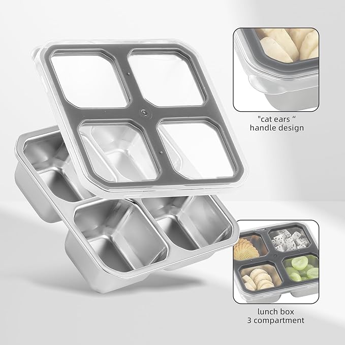 BEFOY 2 Pack Stainless Steel Snack Containers with Lids 4 Compartment Food Storage Containers for Adults & Kids Meal Prep Containers Reusable