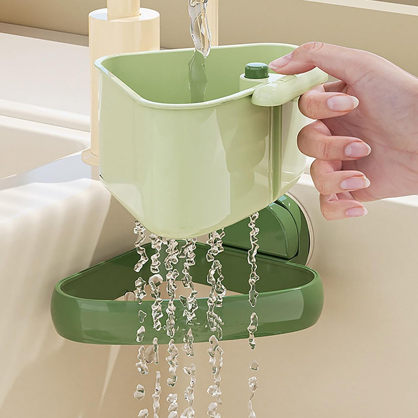 Suction Cup Sink Corner Rack - Triangle Organizer with Drain Hole & Press Automatic Dumping, Food Waste Catcher & Storage Shelf, Rust Resistant No Drilling for Kitchen Bathroom (Green)