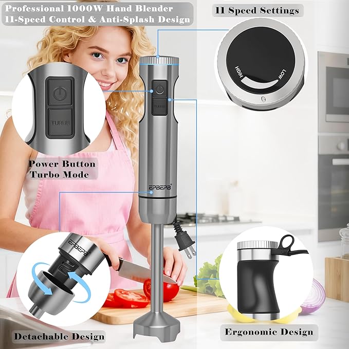 Handheld Immersion Blender Bundle, 1000W Powerful 12-in-1 Set for Smoothies,Orange Juicer,Minced meat,Milk frother,Egg Beater, Dough Hook, Vegetable Chopper, Potato Masher
