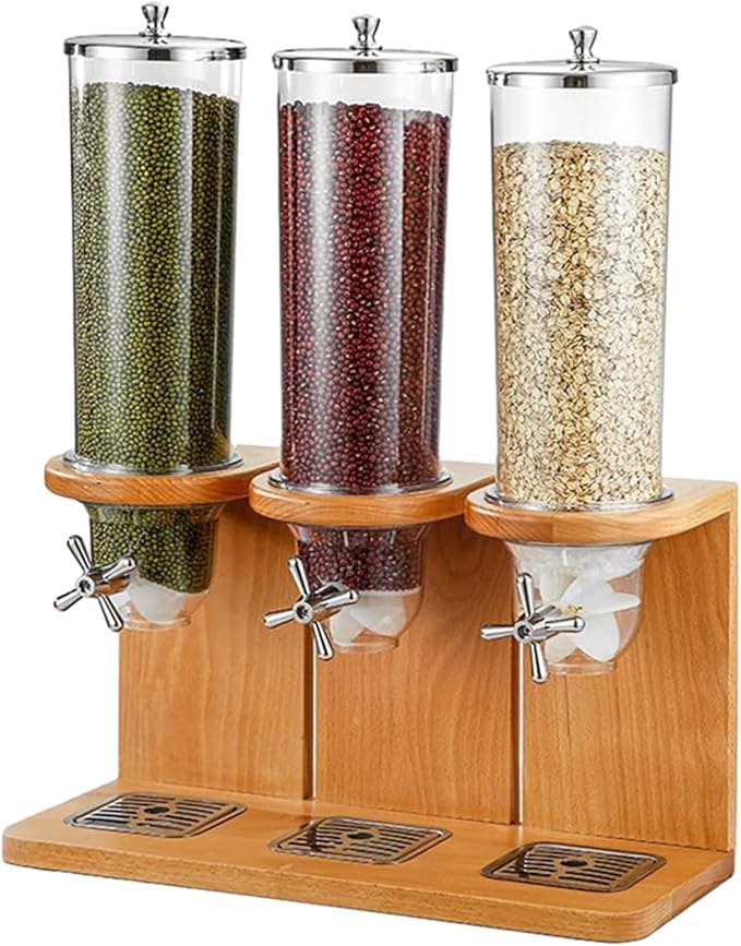 Easy Clean Cereal Dispenser Dry Food Dispenser Countertop Cereal Container Storage Dispenser with PC Bucket And Wooden Base,three barrel