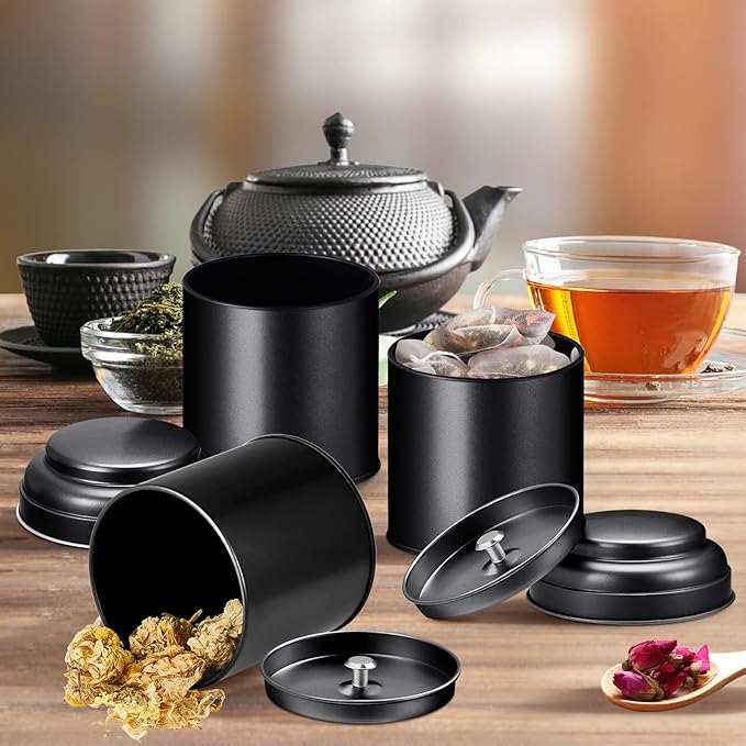 Meanplan 12 Pcs Tea Tin Canister with Airtight Double Lids Round Tin Can Box Small Kitchen Tea Canister Loose Leaf Storage Containers for Loose Bags Coffee Sugar Candy Spices(Black,8 oz)